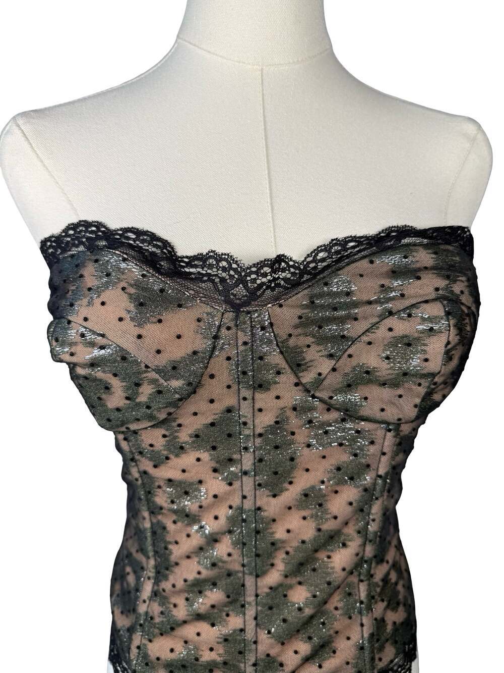 NBD Size S Strapless Corset Top Black Lace Metallic Dot